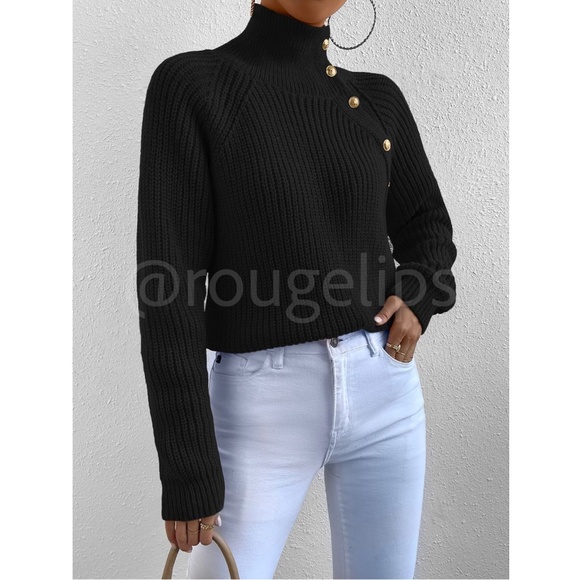 Black Cable Knit Turtleneck Pullover Sweater Asymmetrical Buttons Long Sleeve - Picture 5 of 7